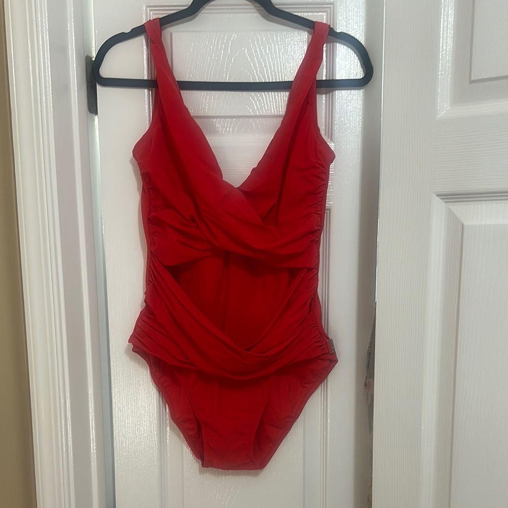 SHAN Red One Piece Swimsuit V-Neck Ruching